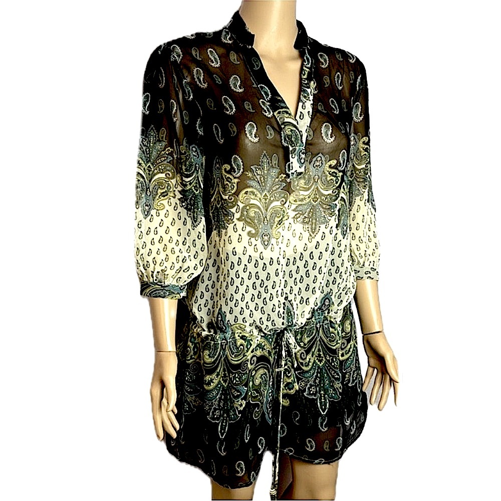 Truly Vintage Elegant 3/4 Sleeve Sheer Paisley Women's Tunic Blouse